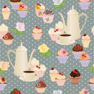Seamless pattern with coffee pot cups cakes and roses N4