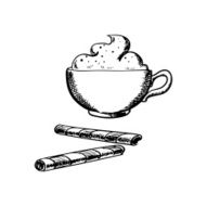 Cup of coffee with cream and wafer rolls