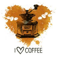 Hand drawn vintage coffee background with splash watercolor hear