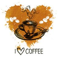Hand drawn vintage coffee background with splash watercolor hear N3