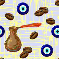 Turkish seamless pattern with coffee pot and beans eye