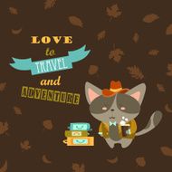Cat traveler in suit with cup of coffee and suitcases