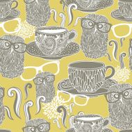 Seamless pattern with doodle cups hot drink and hipster owls