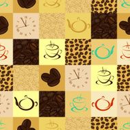 Seamless background with coffee beans cups and kettles