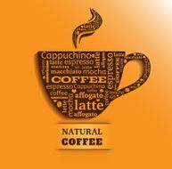 Cup of coffee with word cloud on orange background