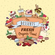 Doodle vintage desserts frame Cakes ice cream and berries