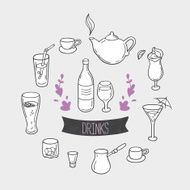 Set of hand drawn stylized drinks in vector Background with