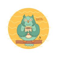 Blue owl with coffee sitting on a branch