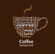 Cup of coffee with word cloud on fabric background