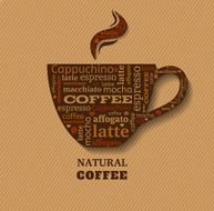 Cup of coffee with word cloud on fabric background N2