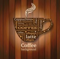 Cup of coffee with word cloud on wooden background