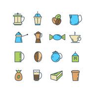 Color set of line icons Coffee Turk French press milk