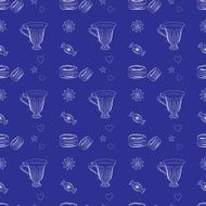 Hand drawn seamless pattern with macaroons and teacups