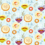 Tea seamless pattern Stylized tea cups plates with sugar cakes flowers N2