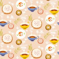 Tea seamless pattern Stylized tea cups plates with sugar cakes flowers N3