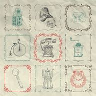 Vector Vintage Icons and Objects on Crumpled Paper