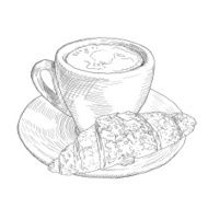 Hand drawn coffee cup and croissant Vinage llustration with fil
