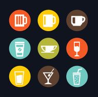 Set of Colorful Beverages Glass And Cups Flat Icon