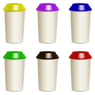 Collection of photorealistic take away hot drink cups with lids