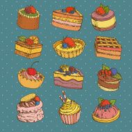 set of different cakes and desserts hand drawn vector illustration