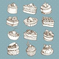 set of different cakes and desserts hand drawn vector illustration N3