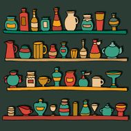 Kitchen utensils on shelves