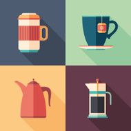 Set of coffee and tea flat icons with long shadows