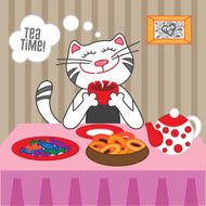 Cat drinking hot tea with sweets and dryers