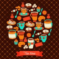 Round greeting card with tea coffee and sweets