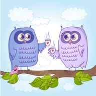 Two cute cartoon owls drinking coffee