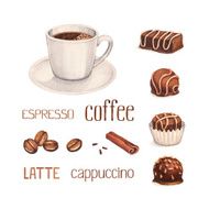 Watercolor illustrations of coffee cup and chocolate sweets N2