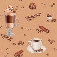 Seamless pattern with illustrations of coffee cup and chocolate sweets