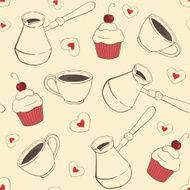 seamless vector pattern with cups cookies cupcakes and cezve N2