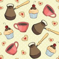 seamless vector pattern with cups cookies cupcakes and cezve N3