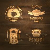 Restaurant menu emblems set wooden