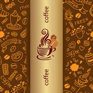 Coffee doodle background Banner with bakery products