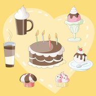 Dessert and beverage including cake cupcake ice cream coffee