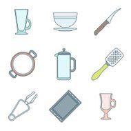 various color outline dinnerware icons set