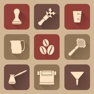 flat style white coffee barista instruments icons set