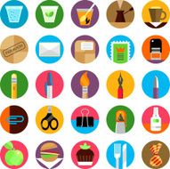 Office and munchies flat icons set