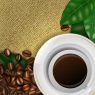 Burlap background with coffee beans leaves and cup of