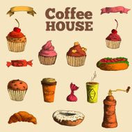 Sketch set drawn stylized hand painted background cofee house menu