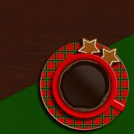 christmas cup of coffee with cookies lying on wooden table