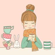 Cute girl in sweater drinks cup of tea N2