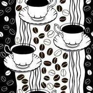 Monochrome seamless pattern with coffee beans and cups