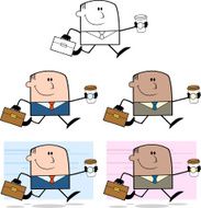 Collection of Businessman Running to Work With Coffee