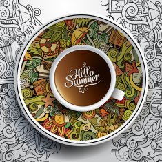 Cup of coffee and hand drawn summer doodles