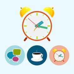 Set icons with speech bubble cup of tea alarm clock