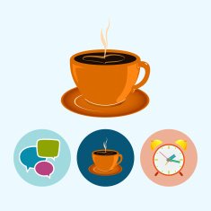 Set icons with speech bubble cup of tea alarm clock N2