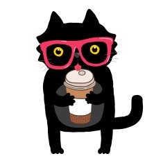 cute cartoon doodle cat with hipster glasses and coffee cup